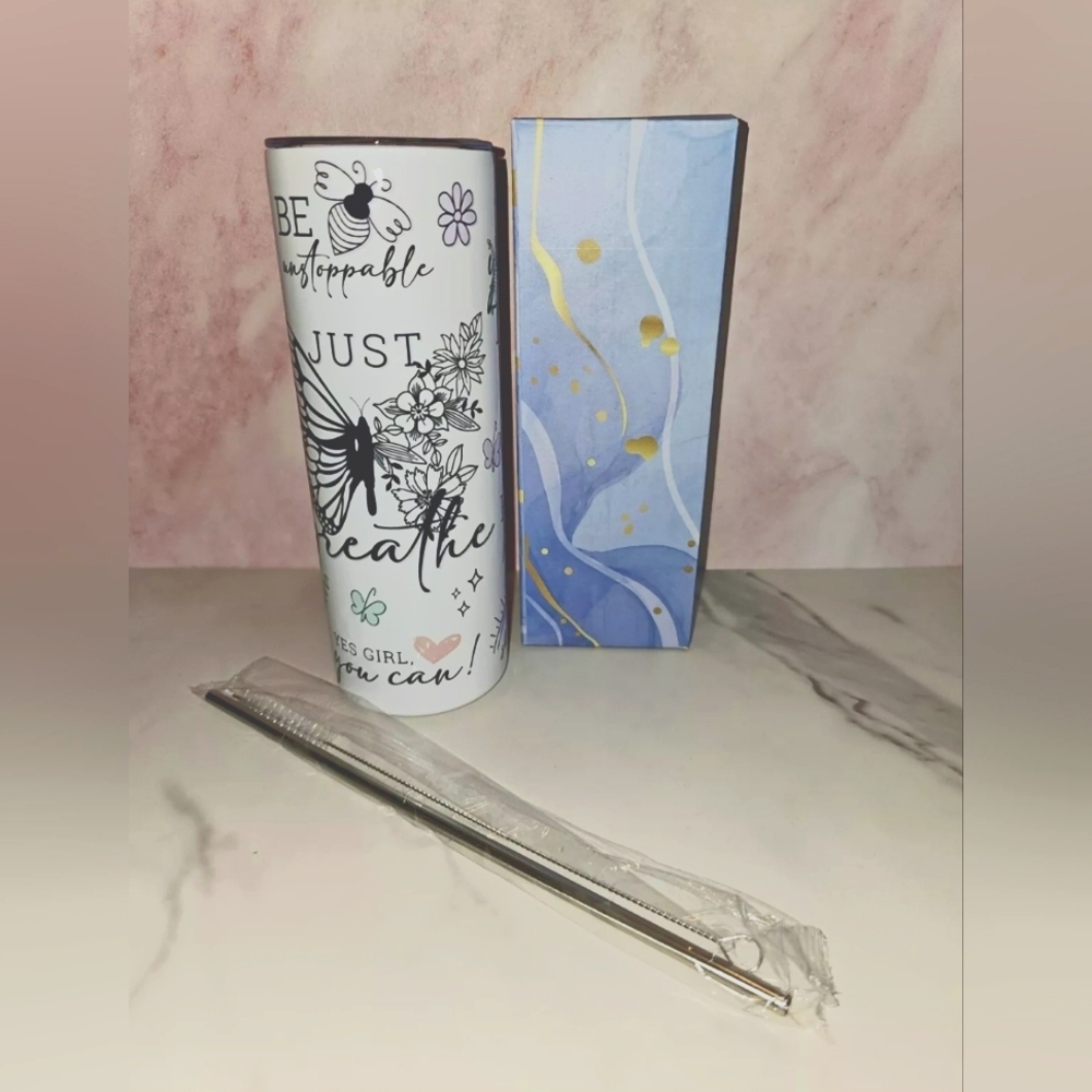 Positive Affirmations Tumbler Butterflies Just Breathe Inspirational Skinny 20oz